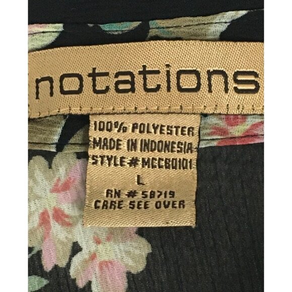 Notation Top Women Size L Black w Pink Blue Flowers Button Down Sheer Blouse - Picture 5 of 11